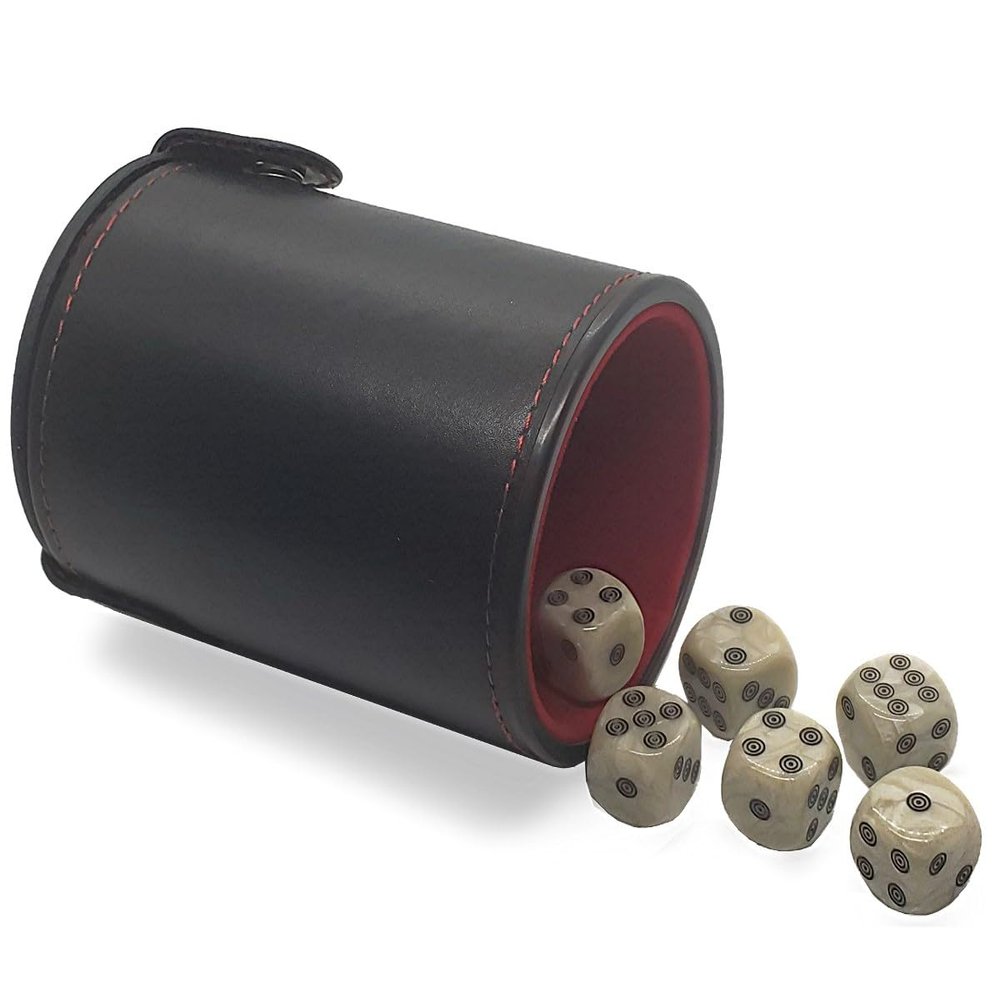 Cyber-Deals Set of (6) 16mm Pearlized Dice D6 Rounded Corners Bone Tone with Black Circle-in-Circle Design Pips + PU Leather Felt Lined Dice Cup with Storage Compartment Bundle (Red Lining)