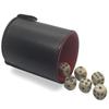 Cyber-Deals Set of (6) 16mm Pearlized Dice D6 Rounded Corners Bone Tone with Black Circle-in-Circle Design Pips + PU Leather Felt Lined Dice Cup with Storage Compartment Bundle (Red Lining) view 1