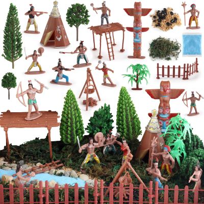 44 PCS Native American Indians Figures Toys Set, Plastic Figurine Toys Includes Indian Figurines, Trees, Moss, Sand, Stones for Kids Historical Education School Project Decoration Birthday Halloween