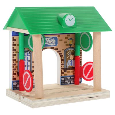 Wooden Railway Station, Wooden Railway Toy Train Set Wooden Train Track Railway Building Scene Layout Accessory for Kids Boys and Girls