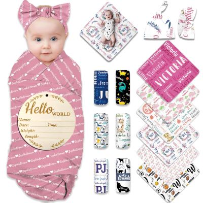 Personalized Baby Swaddle Blanket for Boys Girls Custom Baby Blankets with Name Bow Headband and Hat Set Customized Swaddles Gift for Newborns Love