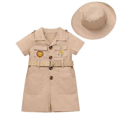 Wild One Birthday Outfit Girl Short Sleeve Khaki Safari Jumpsuit with Safari Hat Baby Safari Outfit Zookeeper Jungle Safari theme Photo Shoot Outfits Khaki 18-24 Months
