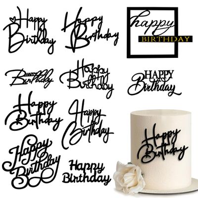 10 PCS Black Happy Birthday Acrylic Cake Toppers Mirrored Side Cake Decorations Inserts 10 Styles