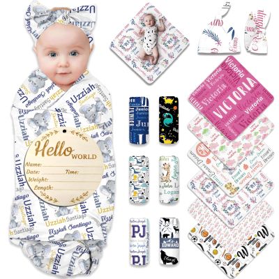 Personalized Baby Swaddle Blanket for Boys Girls Custom Baby Blankets with Name Bow Headband and Hat Set Customized Swaddles Gift for Newborns Whiteelephant