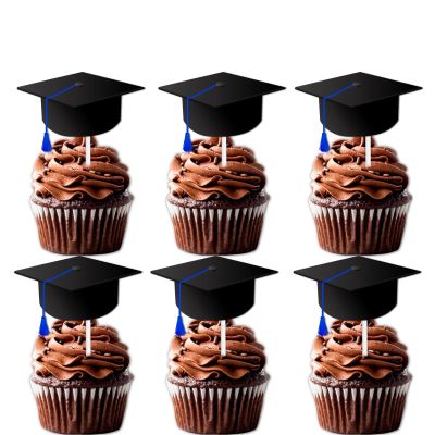 18pcs Blue Glitter Cap Dessert Cupcake Topper Congrats Grad 2025 Theme Decorations 2025 Preschool High School College Graduation Party Decor Supplies