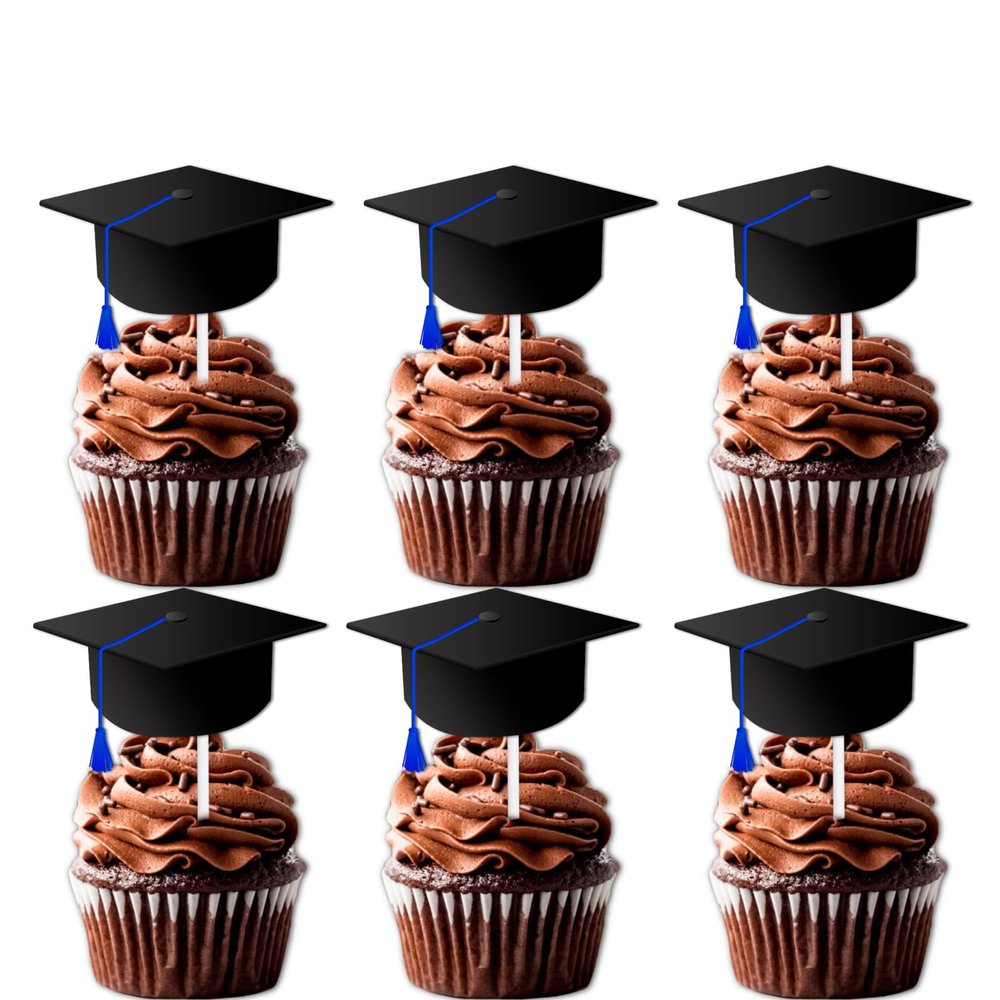 18pcs Blue Glitter Cap Dessert Cupcake Topper Congrats Grad 2025 Theme Decorations 2025 Preschool High School College Graduation Party Decor Supplies