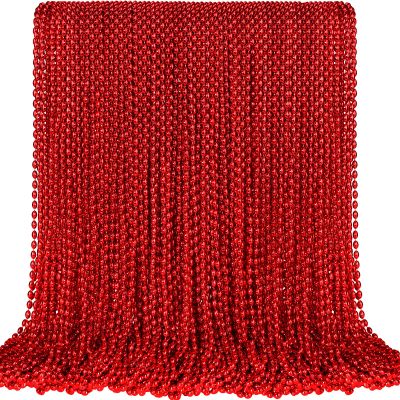 100 PCS Red Mardi Gras Beads, Red Oval Beads Necklaces Christmas Necklaces 30.5" Metallic Beaded Costume Necklaces Party Necklaces for Valentines Christmas Parade Throws Wedding Birthday Party Favors