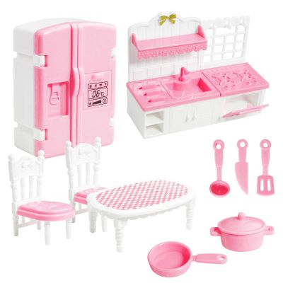 10 Pieces Mini Kitchen Set Dollhouse Kitchen Miniature Kitchen Set Doll Mini Kitchen for Kids Doll House Furniture and Accessories Set Mini Dollhouse Furniture 1 12 Scale (Pink)