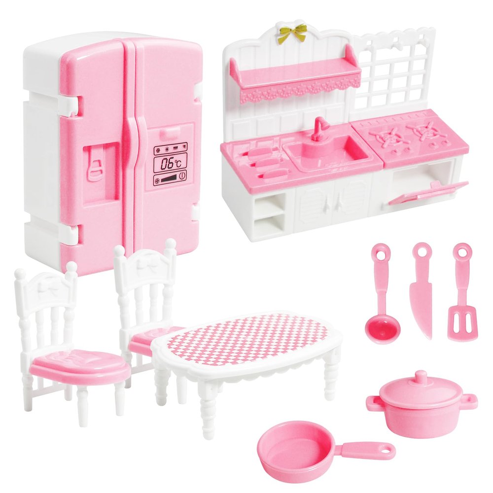 10 Pieces Mini Kitchen Set Dollhouse Kitchen Miniature Kitchen Set Doll Mini Kitchen for Kids Doll House Furniture and Accessories Set Mini Dollhouse Furniture 1 12 Scale (Pink)