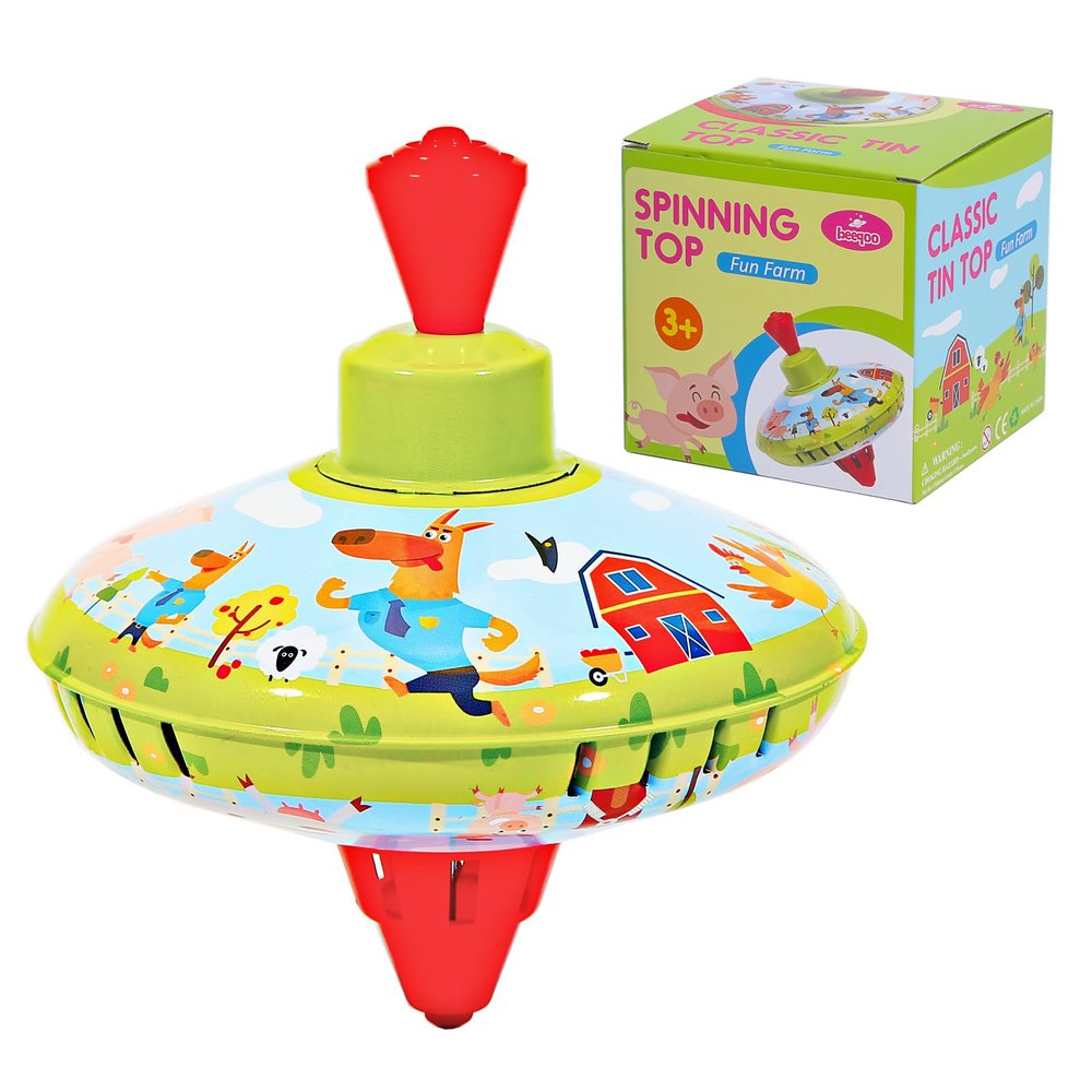 Beeqoo Fun Farm Spinning Top Tin Toy for Kids Retro Classic Toys - Toddler Traditional Spin Tops - Metal Fidget Spinner for Kindergarten Sensory Gyroscope - Novelty Present Party Favors