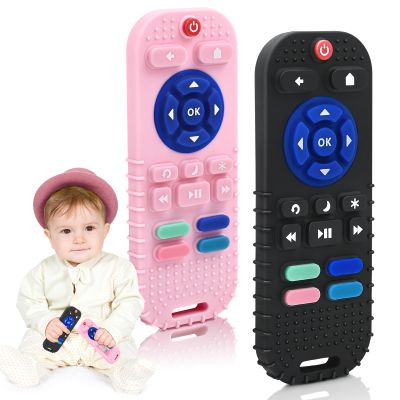 Teething Relief Teether Toys for Babies 3 6 9 12 Month Gifts, Silicone Sensory Remote Control Baby Chew Toy for Newborn Infant Autism Boy Girl Birthday Christmas, Pink & Black