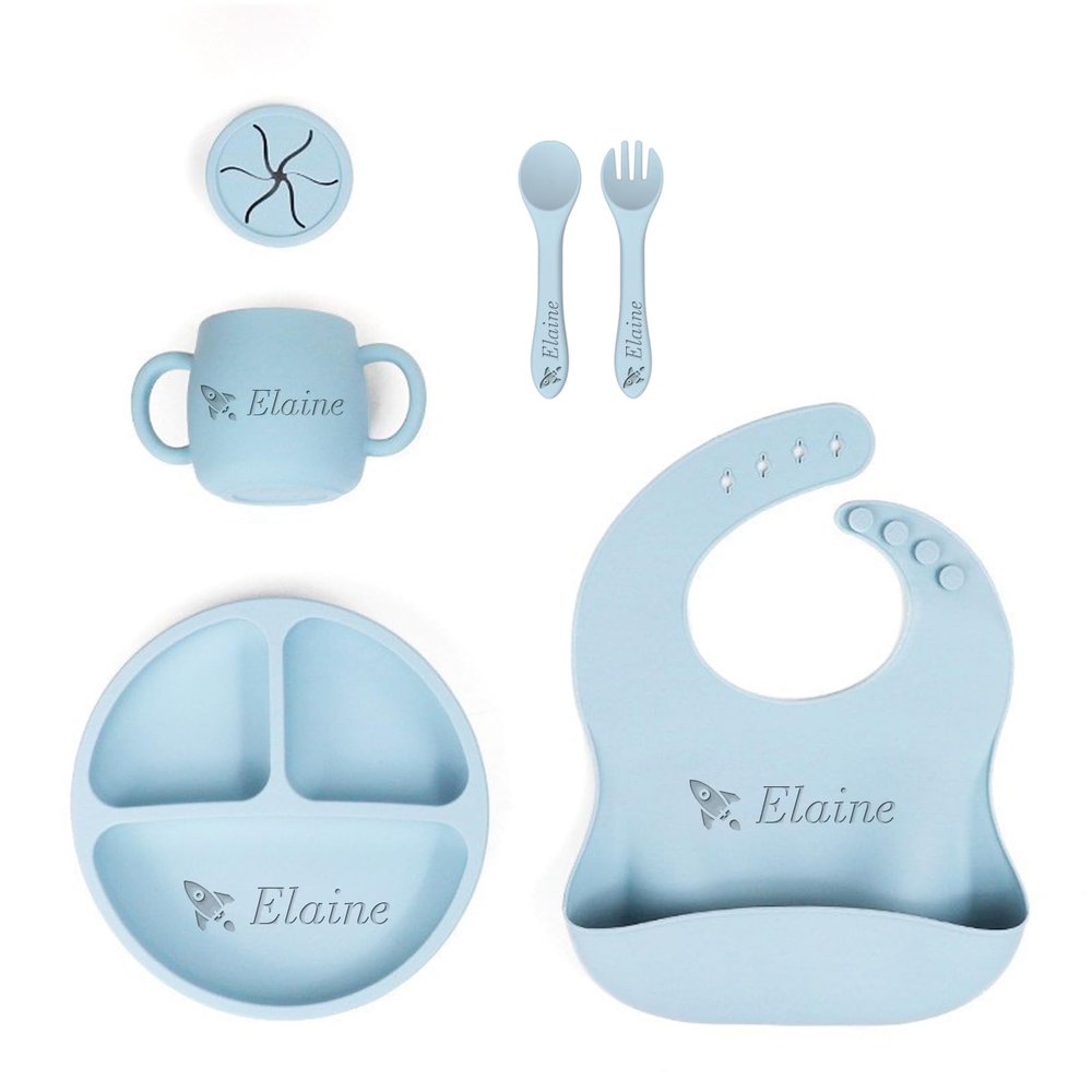 Personalized Silicone Baby Feeding Set Custom Snack Cup with Lid Baby Weaning Supplies Adjustable Silicone Bibs Baby Birthday Gift Divided Tableware Set Soft Spoon,Fork Weaning Supplies (Yellow)
