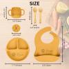 Personalized Silicone Baby Feeding Set Custom Snack Cup with Lid Baby Weaning Supplies Adjustable Silicone Bibs Baby Birthday Gift Divided Tableware Set Soft Spoon,Fork Weaning Supplies (Yellow) view 2