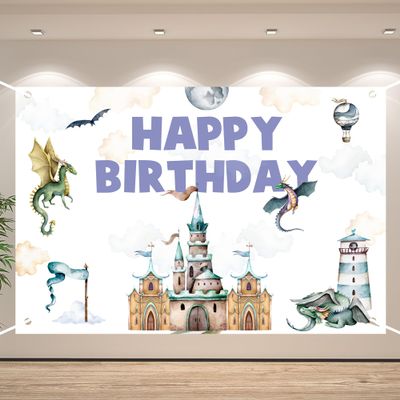 Dragon Happy Birthday Banner Backdrop Watercolor Castle Flying Magic Dragon Egg Theme Background for Boy Girl Newborn Baby Shower Birthday Party Favors Decorations Supplies 70.8x47.2in-BECKTEN