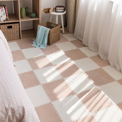 12 Piece Jigsaw Foam Floor Mat,Puzzle Playmats,Interlocking Carpet Tiles with Border,Living Room,Bedroom,30 Cm and 60 Cm(Size:12x12x0.39 Inch,Color:Khaki+Beige)
