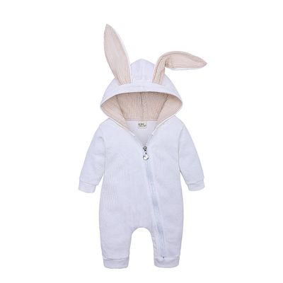 0-3 Months Babys One-Piece Hoodie Rabbit Costume Romper with Ear and Zipper Unisex Clothes for Spring Autumn - White