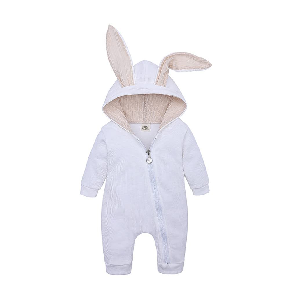 0-3 Months Babys One-Piece Hoodie Rabbit Costume Romper with Ear and Zipper Unisex Clothes for Spring Autumn - White