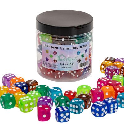 60 Pieces 16MM Dice Set, 6 Sided Standard Game Dices with Portable Box for Board Games,Worker Placement,Math Activities(Translucent Round Corners,10 Colors)
