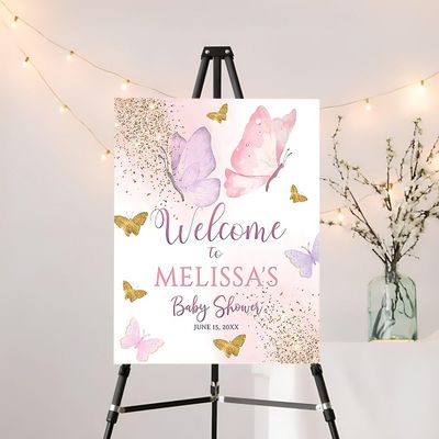 Personalized Pink Butterfly Baby Shower Welcome Sign, Baby Shower Sign, Girl Baby Shower Poster, Girl Baby Shower Decorations, Pink Gold Welcome Poster