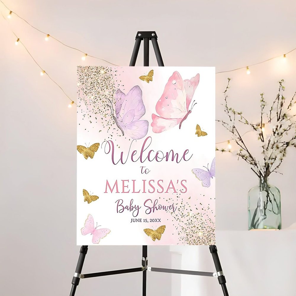 Personalized Pink Butterfly Baby Shower Welcome Sign, Baby Shower Sign, Girl Baby Shower Poster, Girl Baby Shower Decorations, Pink Gold Welcome Poster