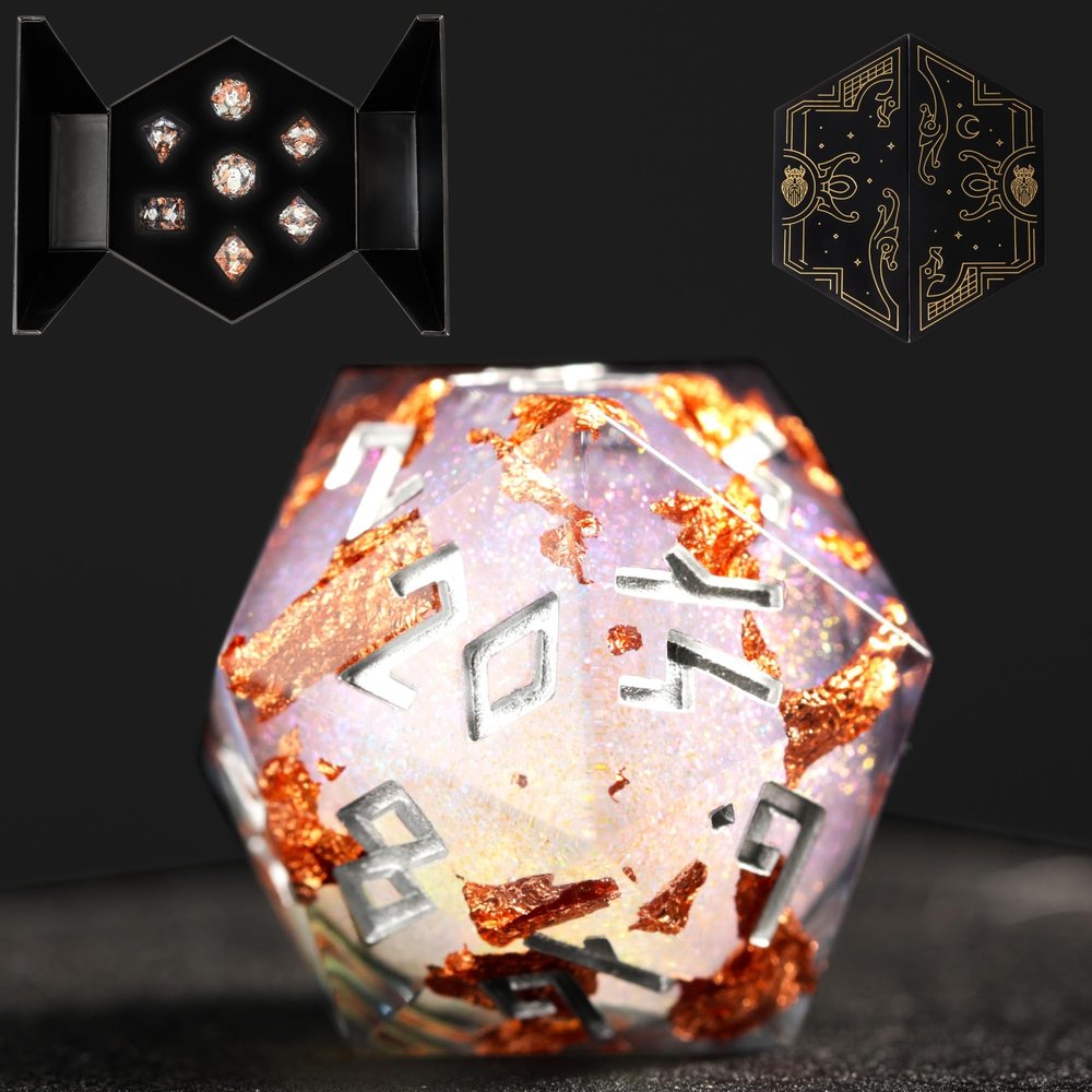 HEIMDALLR Liquid Core Dice Set with First Ever LED Display Case - 7-PC Hand-Painted Sharp Edge DND Dice Set with Gift Dice Box - Resin Dungeons and Dragons Dice Set (D&D Dice Set) (Gilded Shadow)