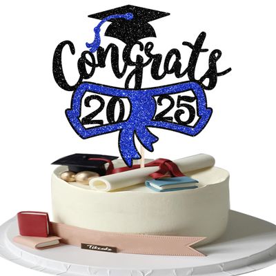 1 Pack Congrats 2025 Cake Topper Glitter Diploma Graduation Cap Cake Pick Contrats Class of 2025 Cake Decorations for 2025 Graduation Theme High School Boys Girls Graduate Party Blue