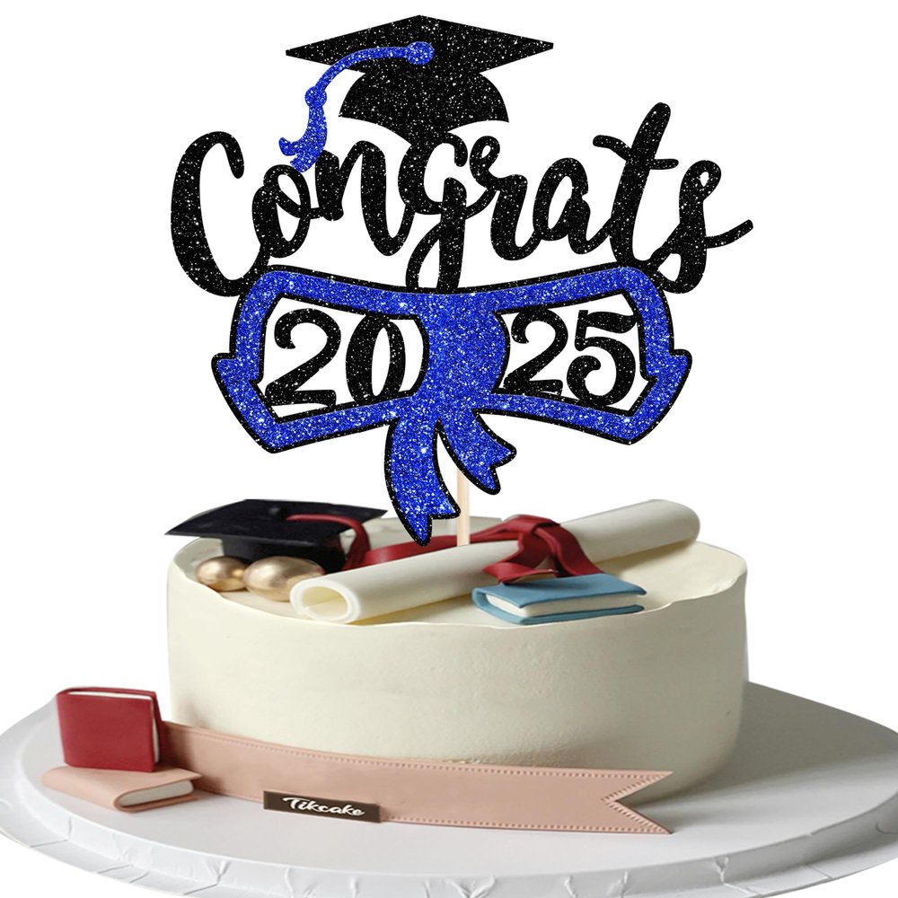 1 Pack Congrats 2025 Cake Topper Glitter Diploma Graduation Cap Cake Pick Contrats Class of 2025 Cake Decorations for 2025 Graduation Theme High School Boys Girls Graduate Party Blue