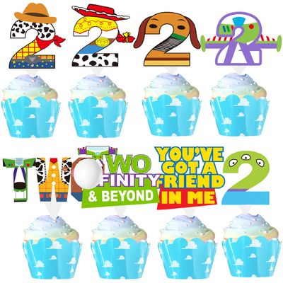 2 to infinity and inspired Beyond Birthday Decorations Toy Inspire Game Birthday Cupcake Toppers and Wrappers for 2nd Bday Blue Sky and White Cloud Cow Bday Party Supplies Decor (2nd with wrappers)