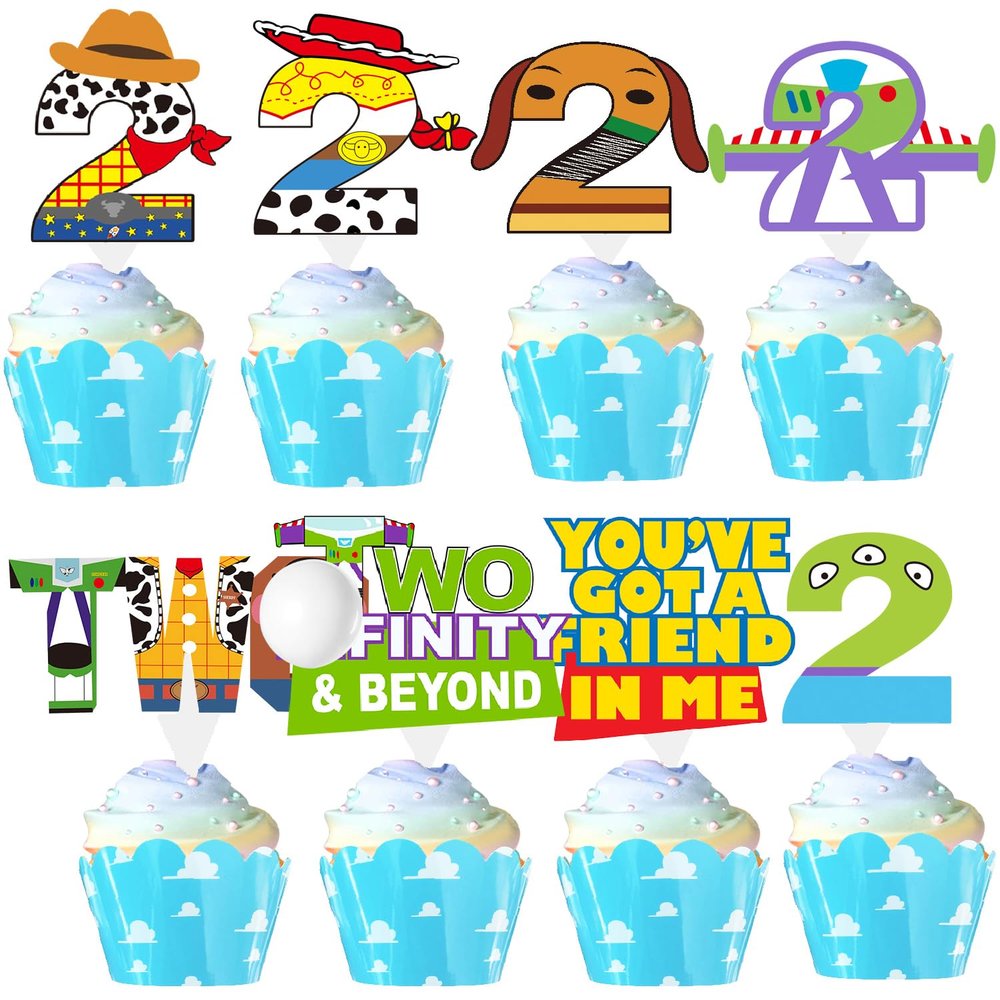 2 to infinity and inspired Beyond Birthday Decorations Toy Inspire Game Birthday Cupcake Toppers and Wrappers for 2nd Bday Blue Sky and White Cloud Cow Bday Party Supplies Decor (2nd with wrappers)