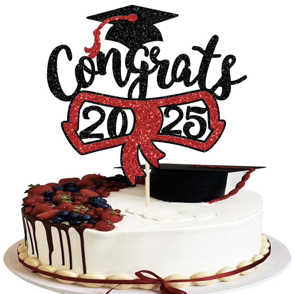 1 Pack Congrats 2026 Cake Topper Glitter Diploma Graduation Cap Cake Pick Contrats Class of 2026 Cake Decorations for 2026 Graduation Theme High School Boys Girls Graduate Party Red