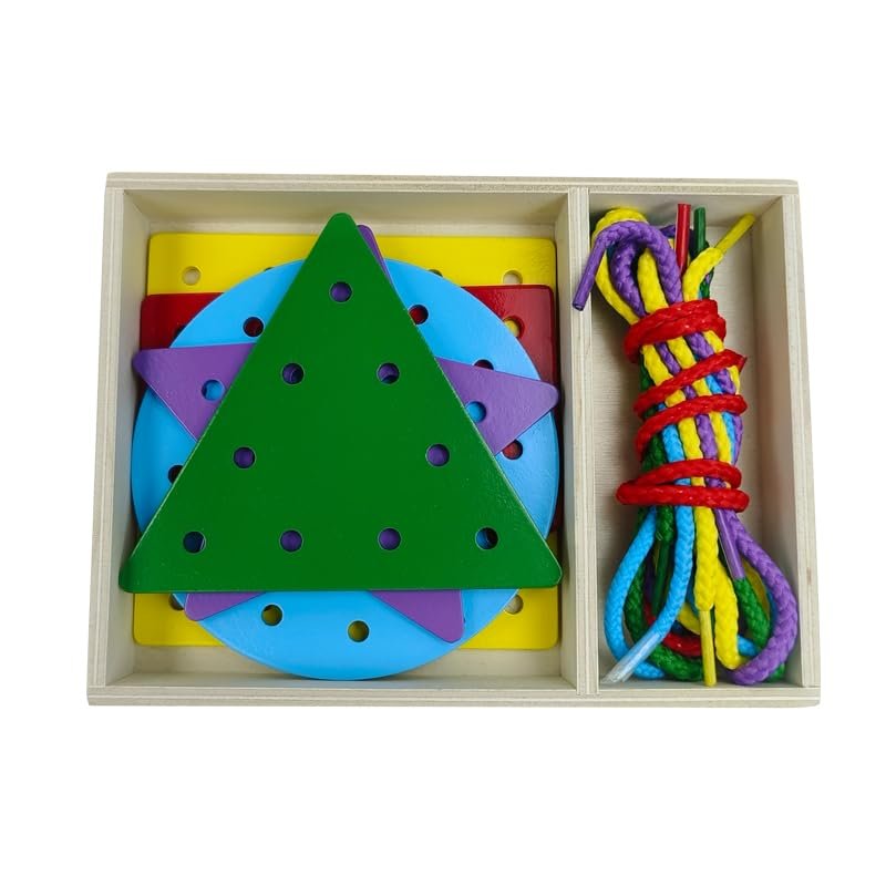 OLYDAUS 5 Pcs Double-Sided Shape Panels Wooden Threading Toy Lacing Cards for Toddlers, Lacing Shapes, Educational and Learning Montessori Activity for Kids (Triangle)
