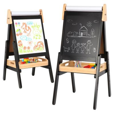 3 in 1 Easel for Little Kids with Wood Tray, Double Sided Wooden Easel with Paper Roll, Magnetic Chalkboard & White Board Height Adjustable Painting Standing for Toddlers Childrens 2-5