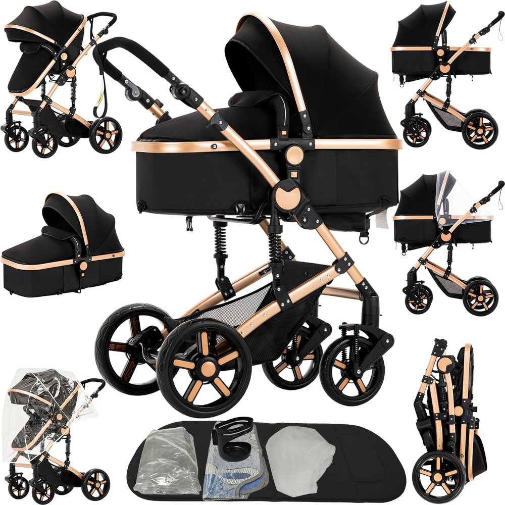 2 in 1 Baby Stroller Reversible Portable Standard Baby Stroller Convertible Pushchair Infant Buggy Baby Carriage Foldable High Landscape Pram for Toddler Newborn (2US588-BG 2 in 1)