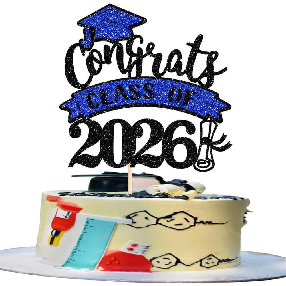 1 Pack Congrats Class of 2026 Cake Topper with Blue Glitter Diploma Graduation Cap Cake Pick Contrats Class of 2026 Cupcake Decorations for Graduation Theme High School Boys Girls