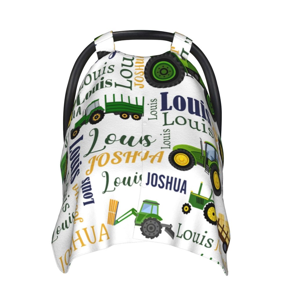 Personalized Baby Car Seat Canopy for Babies with Name, Custom Green Tractor Stroller Car Seat Covers for Boys Girls, Minky Nursing Carseat Cover for Breastfeeding, Car Seat Canopies for Newborn