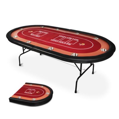 91" Extra Large 10 Player Foldable Poker Table, Texas Blackjack Holdem Poker Table with Stainless Steel Cup Holders, Folding Casino Leisure Card Board Game Table with Padded Rails, Stylish Red Design