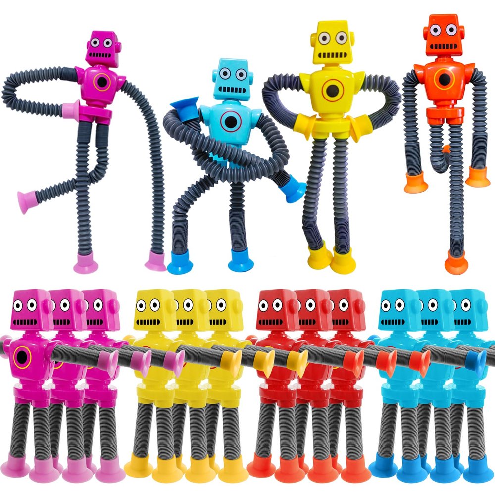16 PCS Suction Cup Robot Toy,Shape Changing Telescopic Pop Tubes Autism Sensory Toy Kids Girls Boys Toddlers Adult,Funny Robot Action Figure Bendable Fidget Toy Gift Birthday Party Favors Christmas