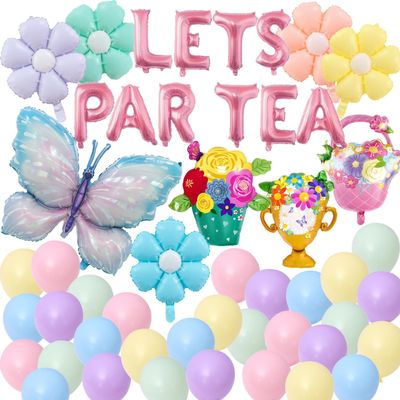 49 Pieces LET'S PAR TEA Decorations Girls Floral Tea Party Birthday Decor Flower Basket Butterfly Balloons Macaron colored Latex Balloons for Girls Birthday Baby Shower Bridal Party Supplies