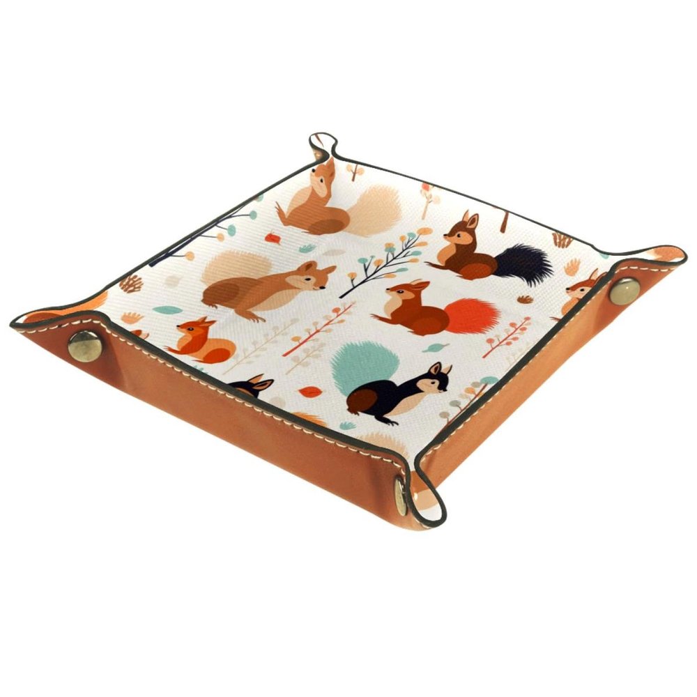 Autumn Forest Squirrel Dice Tray PU Leather Dice Rolling Tray Folding Dice Holder for Dice Games, Like RPG, DND and Other Table Games