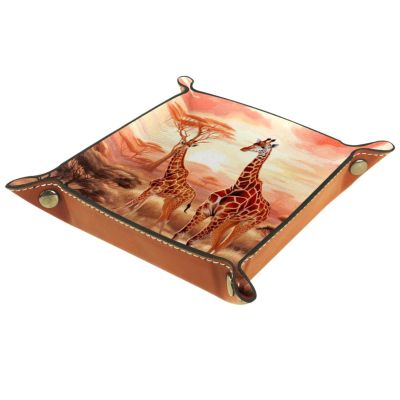 Africa Giraffes Sunset Dice Tray PU Leather Dice Rolling Tray Folding Dice Holder for Dice Games, Like RPG, DND and Other Table Games