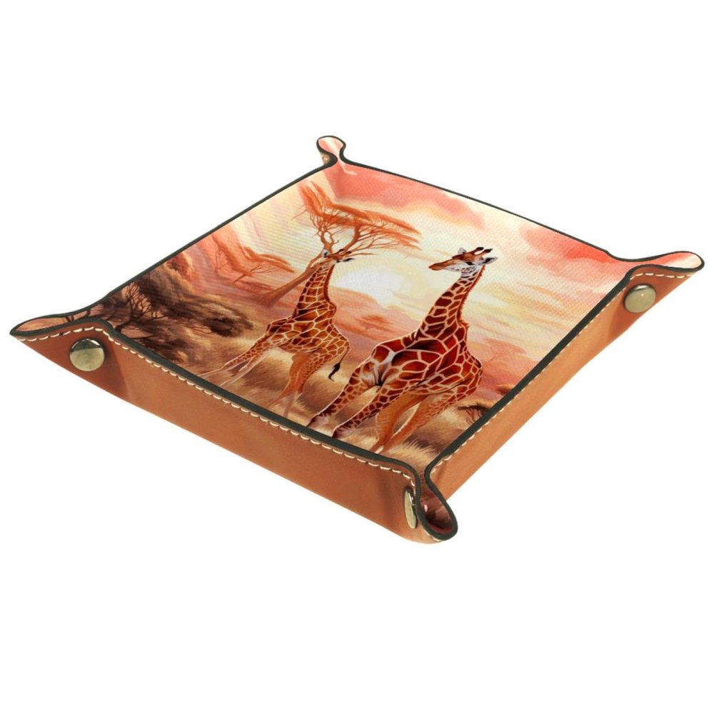 Africa Giraffes Sunset Dice Tray PU Leather Dice Rolling Tray Folding Dice Holder for Dice Games, Like RPG, DND and Other Table Games