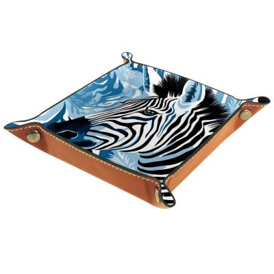 Animal Zebra Blue Dice Tray PU Leather Dice Rolling Tray Folding Dice Holder for Dice Games, Like RPG, DND and Other Table Games