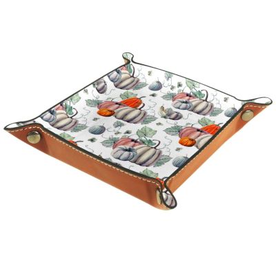 Watercolor Pumpkins Leaves Pattern Dice Tray PU Leather Dice Rolling Tray Folding Dice Holder for Dice Games, Like RPG, DND and Other Table Games