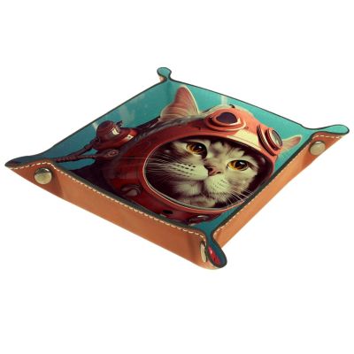 Astronaut Cat Dice Tray PU Leather Dice Rolling Tray Folding Dice Holder for Dice Games, Like RPG, DND and Other Table Games
