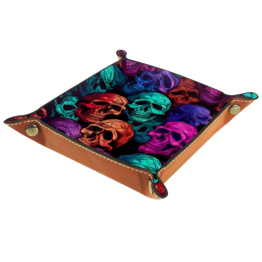 Colorful Skulls Pattern Dice Tray PU Leather Dice Rolling Tray Folding Dice Holder for Dice Games, Like RPG, DND and Other Table Games