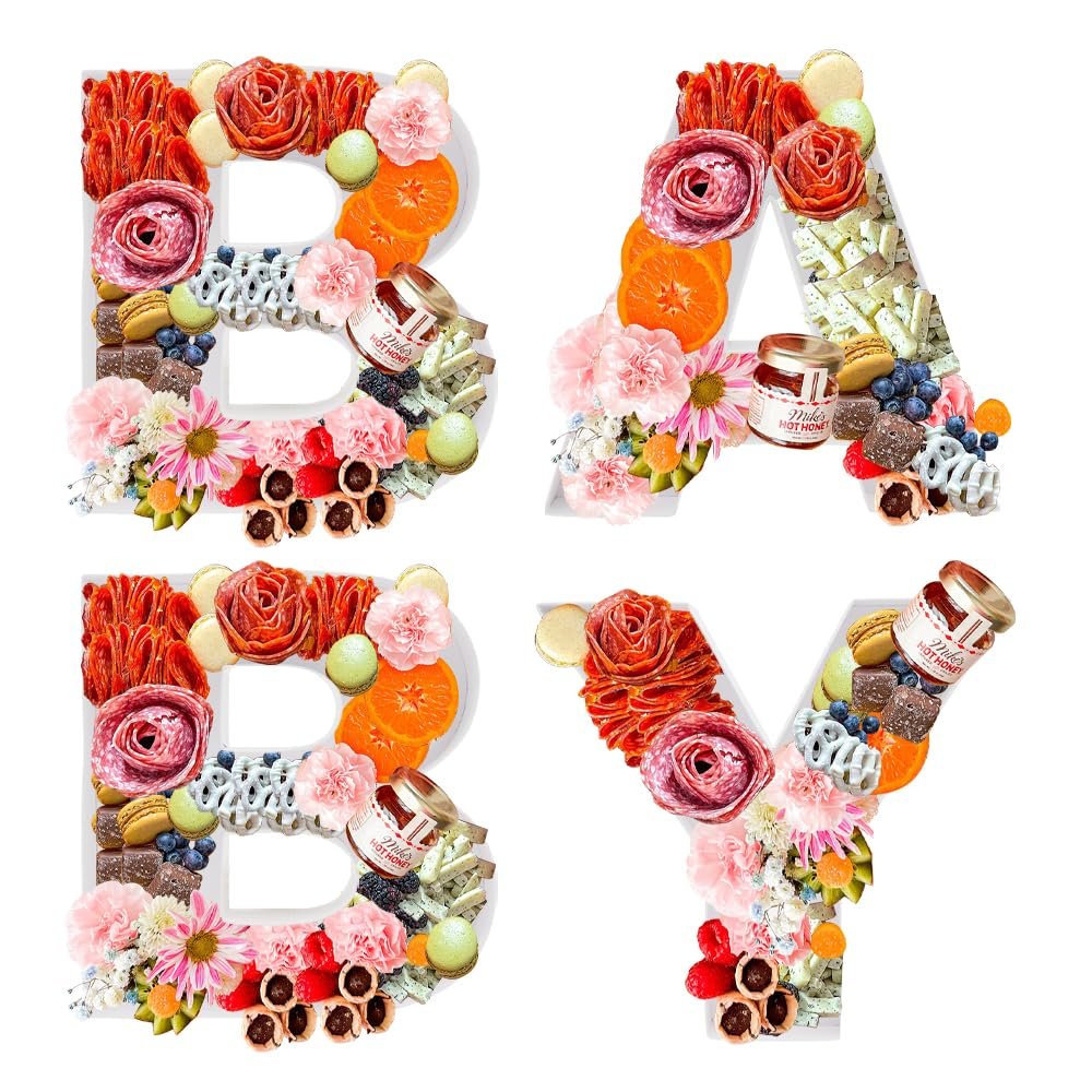 12" Large Fillable Baby Cardboard Letters for Baby Shower Gender Reveal, Sweet Serving Tray, Charcuterie Party Decorative Box, Food Cupcake Display Paper Mache (White)