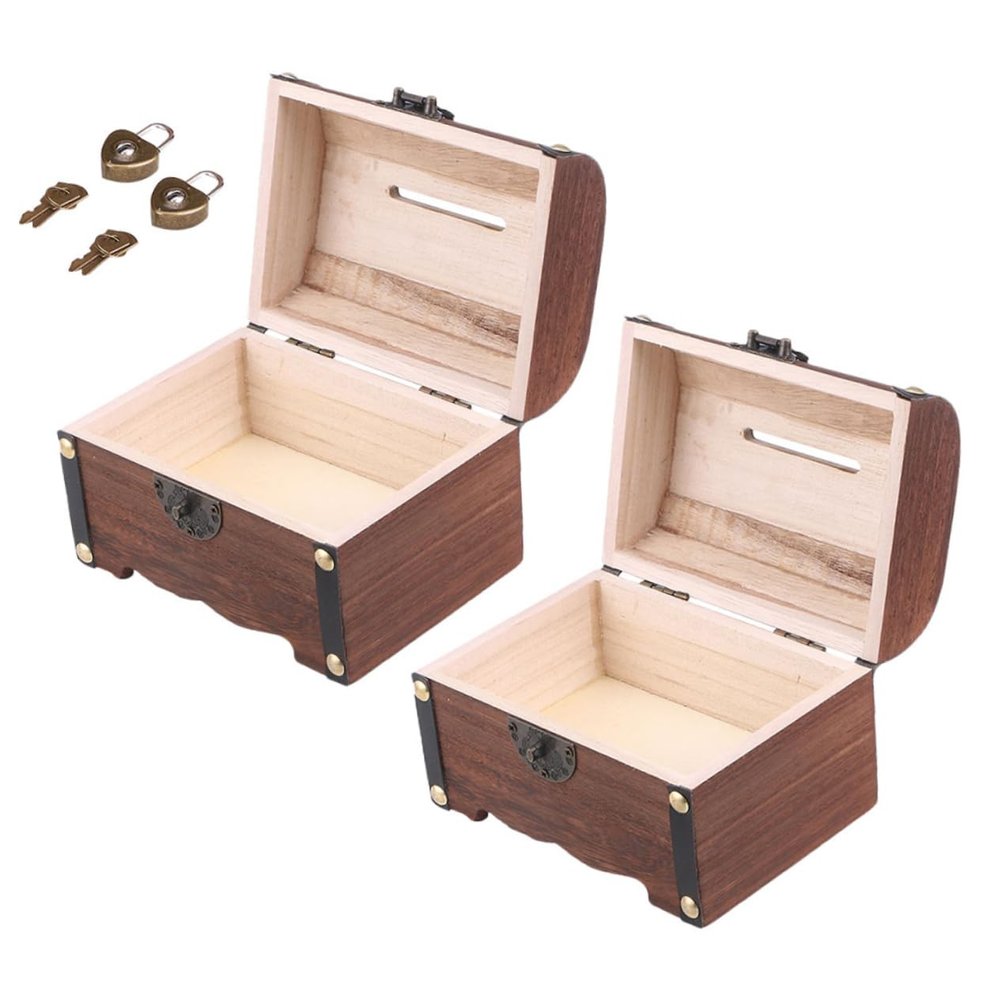 2pcs Ancient Wooden Coin Storage Lid Car Money Boxes Filler Lock Door Key Machine Seat Piggy Bank Keepsake Cash Clear Vintage Jewelry Case Retro Jewelry Case Copper