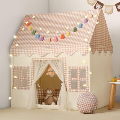 Senodeer Kids Play Tent Indoor: with Brown Checkered, Mat, Rainbow Tissue Garland, Star Lights - Girl Tent Indoor Playhouse for Girls Kids Toys for Boy Girl Birthday Gift for Kids