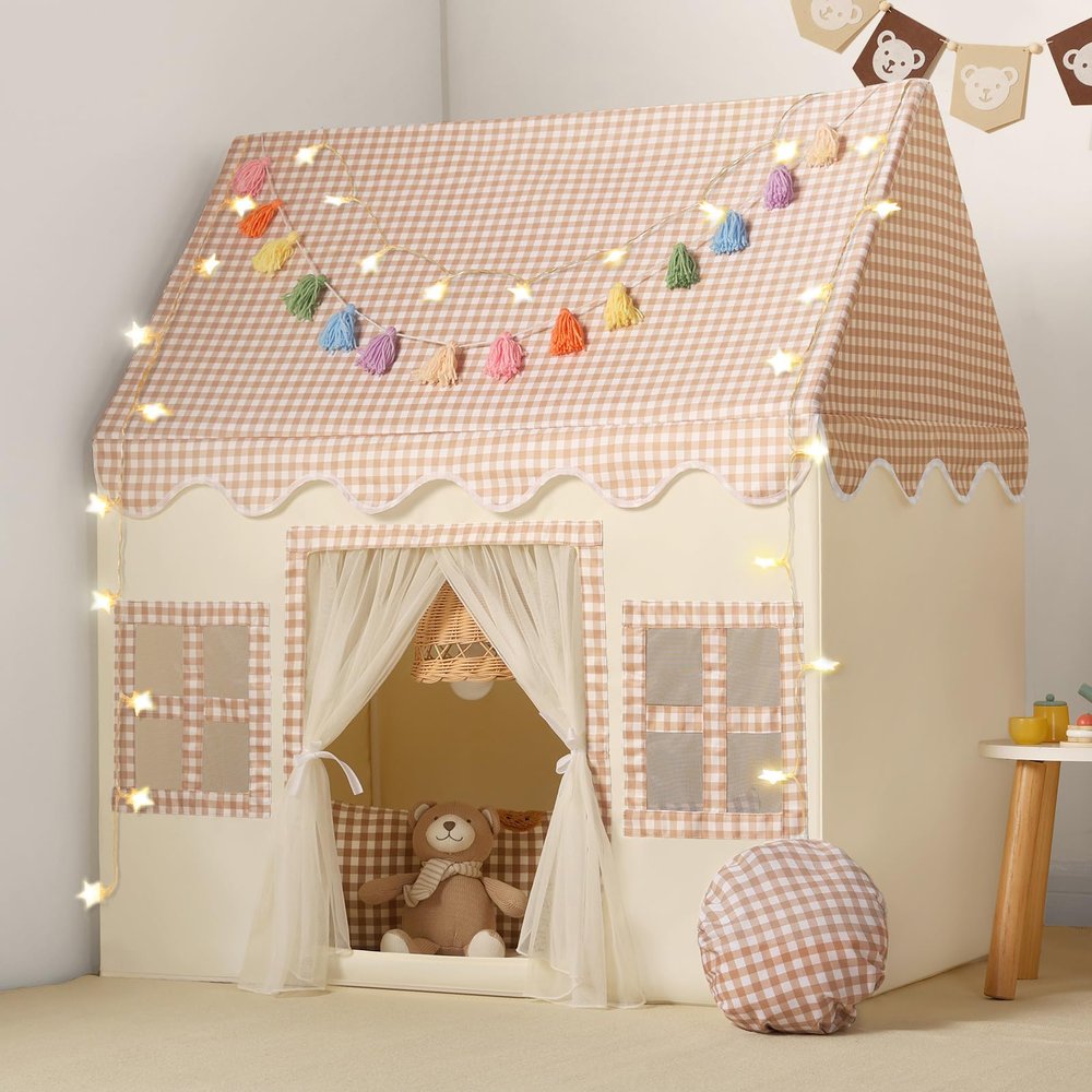 Senodeer Kids Play Tent Indoor: with Brown Checkered, Mat, Rainbow Tissue Garland, Star Lights - Girl Tent Indoor Playhouse for Girls Kids Toys for Boy Girl Birthday Gift for Kids