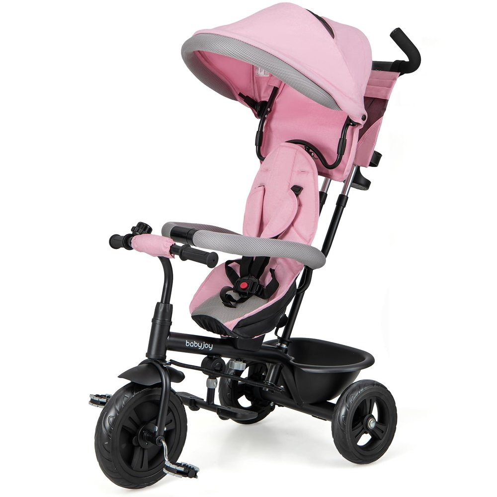 BABY JOY Tricycle, 4 in 1 Toddler Bike w/Removable Canopy, Adjustable Push Handle, Reversible Seat, Safety Belt, Folding Footrest & Storage Basket, Toddler Tricycle for Boys Girls 9-60 Months (Pink)